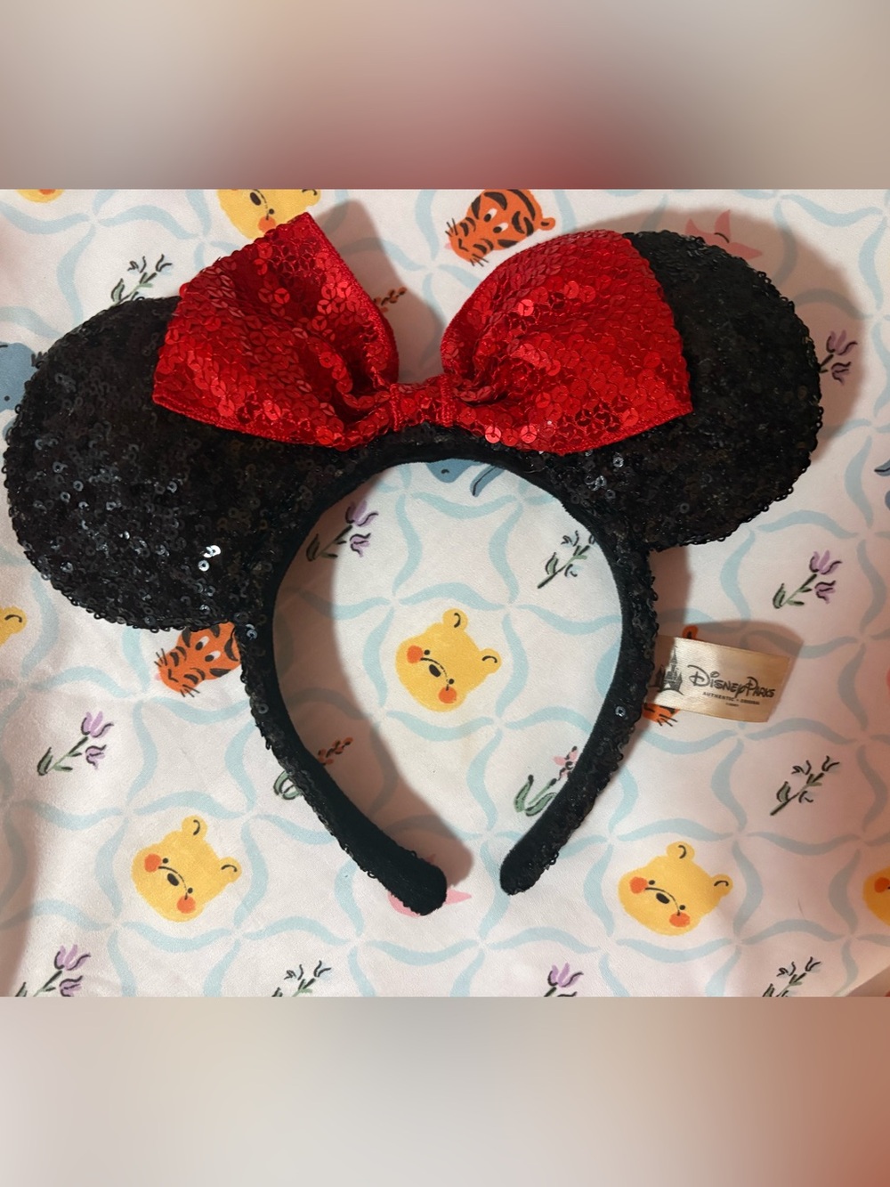 Disney Parks Black Sequin Mouse Ears Headband with Red Bow